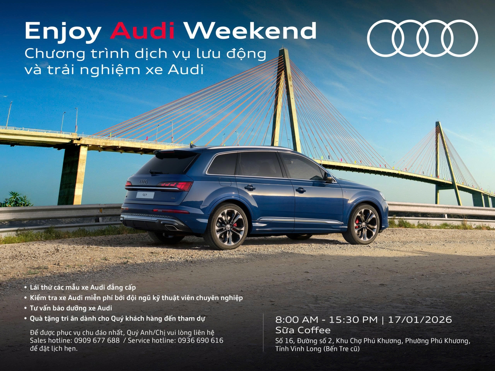 Audi mang đến trải nghiệm lái thử và dịch vụ chăm sóc xe tiện lợi ngay tại Vĩnh Long (Bến Tre cũ)